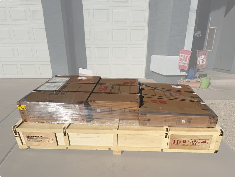 A BBO poker table securely wrapped and custom-crated for international freight