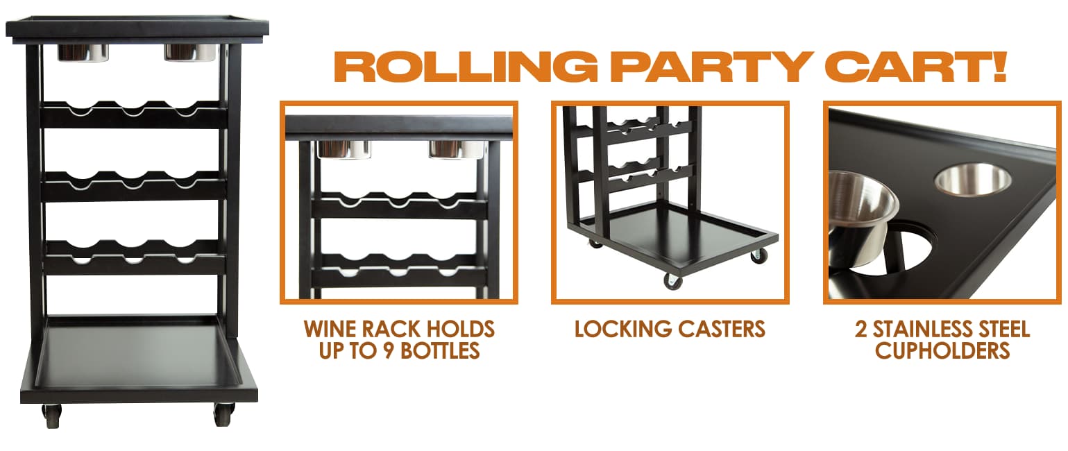 Rolling Party Cart - wine rack holds up to 9 bottles, locking casters, 2 stainless steel cupholders